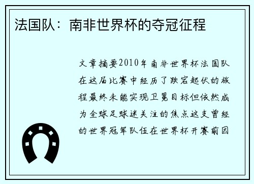法国队：南非世界杯的夺冠征程